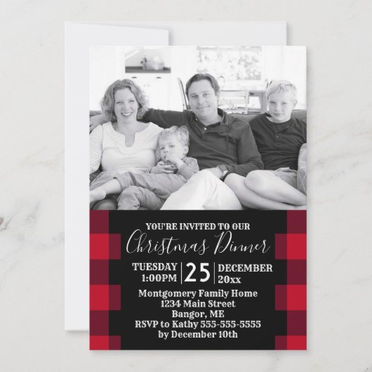 赤い素朴バッファローのプレイド写真クリスマスディナー 招待状 (正面)