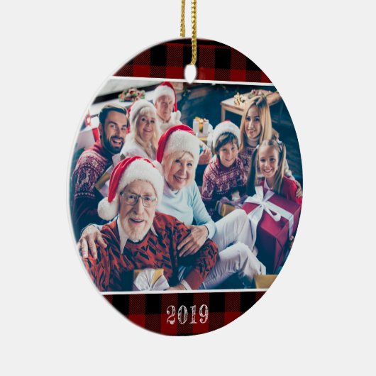 赤い素朴バッファローのプレイド写真クリスマスファミリー セラミックオーナメント (右)