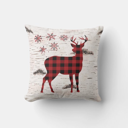 赤い素朴バッファローの格子雪 – トナカイ クッション (正面)