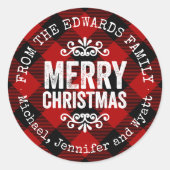 赤い素朴バッファローチェックのクリスマスギフトタグ ラウンドシール (正面)