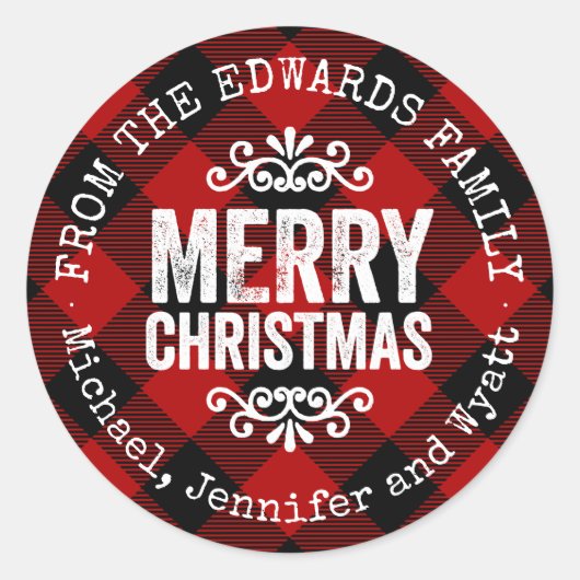 赤い素朴バッファローチェックのクリスマスギフトタグ ラウンドシール (正面)