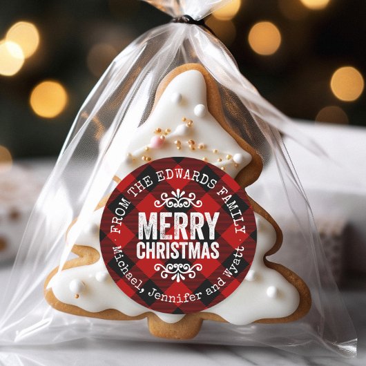 赤い素朴バッファローチェックのクリスマスギフトタグ ラウンドシール