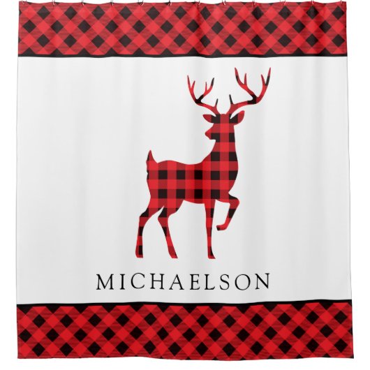 赤い素朴バッファロープレイドクリスマスディアシルエット シャワーカーテン (正面)