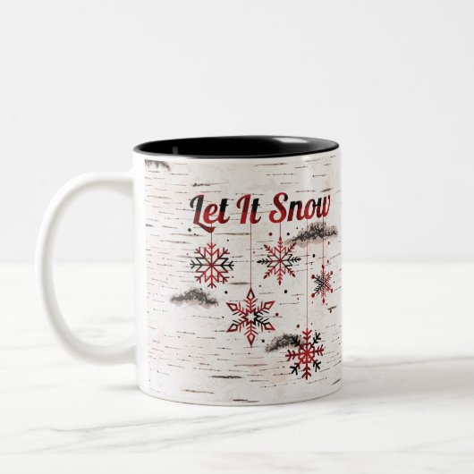 赤い素朴バッファロープレイドスノーフレークオン樺の木 ツートーンマグカップ (左)