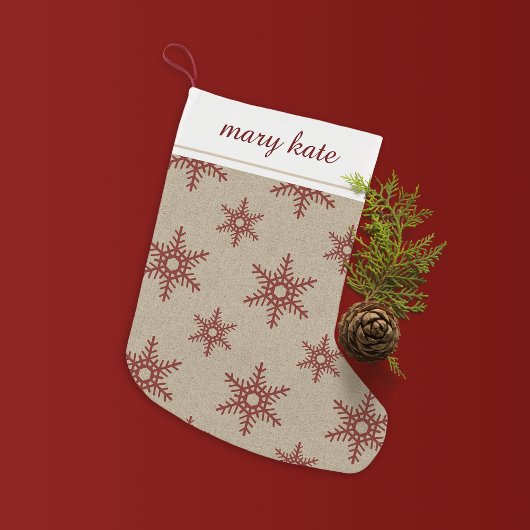 赤い素朴バフェイクラップのスノーフレーク・パターン スモールクリスマスストッキング