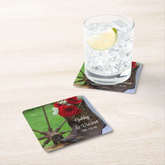 赤い素朴バラとカウボーイブーツ西結婚の スクエアペーパーコースター (インサイチュ)