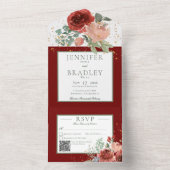 赤い素朴ピンクと金ゴールドフローラQRコード オールインワン招待状 (内側)