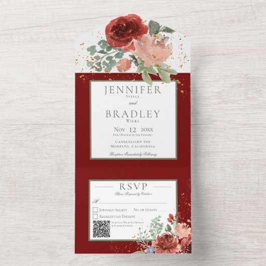 赤い素朴ピンクと金ゴールドフローラQRコード オールインワン招待状 (内側)