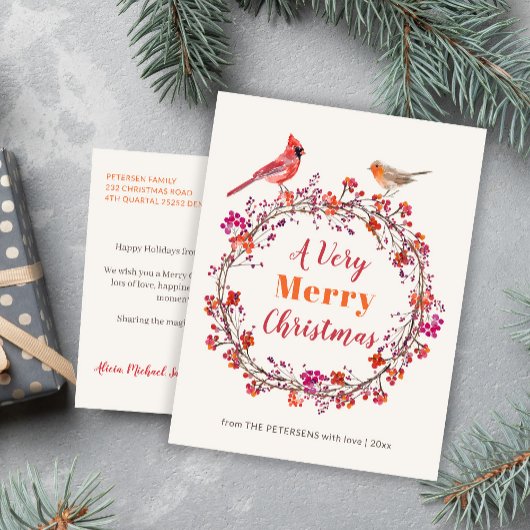 赤い素朴ピンクのオレンジ色のホリークリスマスリース シーズンポストカード