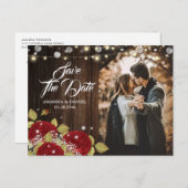 赤い素朴フローラ結婚の写真の日付を保存 案内ポストカード (正面/裏面)