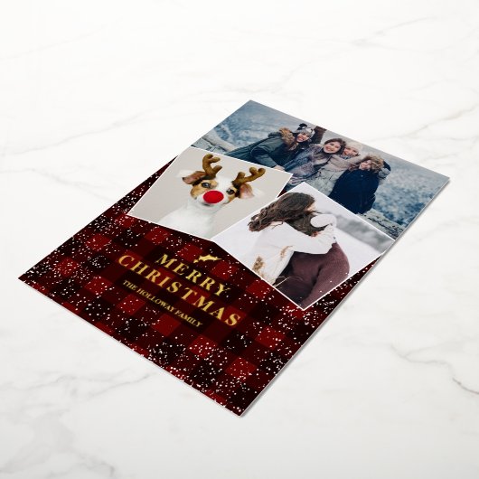 赤い素朴プライドのフランネルのヤドリギ雪3枚 箔シーズンカード (回転した状態)