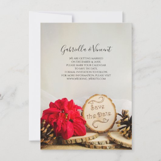 赤い素朴ポインセチアのウッズの結婚式の日付を保存 招待状 (正面)