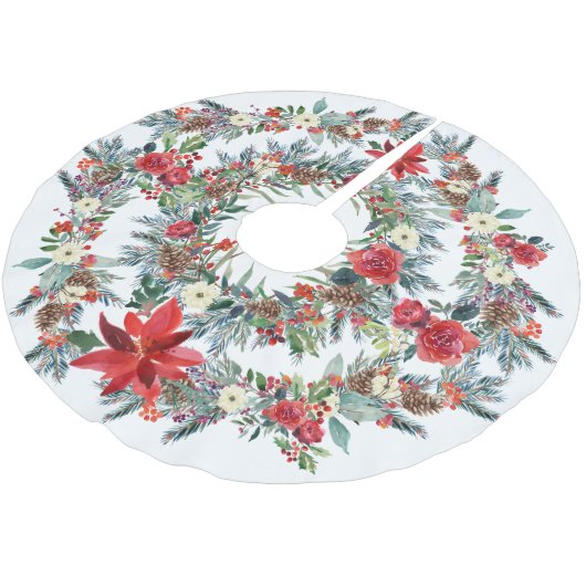 赤い素朴ポインセチア水色クリスマス白 ブラッシュドポリエステルツリースカート (アングル)