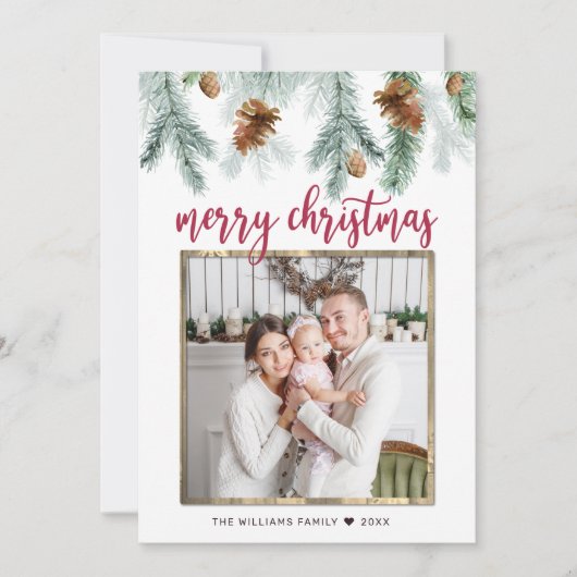 赤い素朴メリークリスマス松コーン写真 シーズンカード (正面)