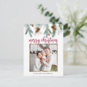 赤い素朴メリークリスマス松コーン写真 シーズンポストカード (スタンド正面)