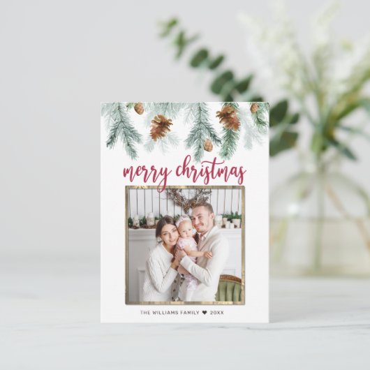 赤い素朴メリークリスマス松コーン写真 シーズンポストカード (スタンド正面)