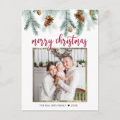 赤い素朴メリークリスマス松コーン写真 シーズンポストカード (正面)