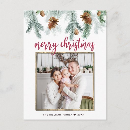 赤い素朴メリークリスマス松コーン写真 シーズンポストカード (正面)