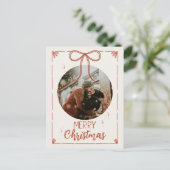 赤い素朴リボンのメリークリスマスフォト シーズンポストカード (スタンド正面)