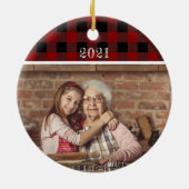 赤い素朴写真クリスマスジョイバッファロープレイド セラミックオーナメント (裏面)