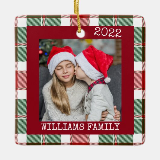 赤い素朴写真バッファロープレイドオーナメント セラミックオーナメント (正面)