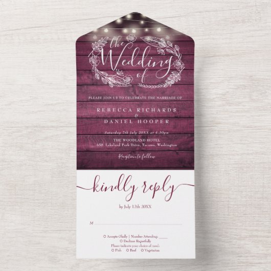 赤い素朴木材ストリングライトフローラの結婚数 オールインワン招待状 (内側)