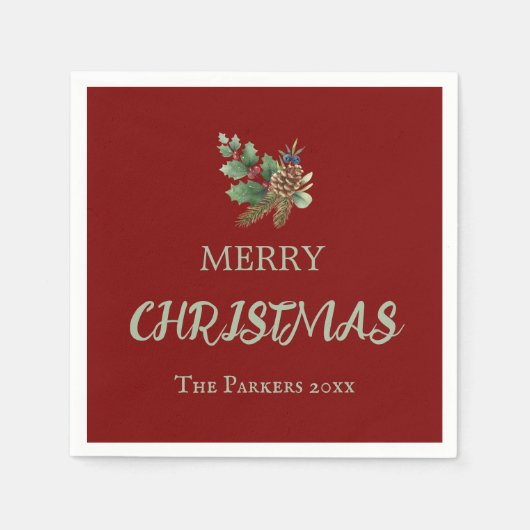 赤い素朴果実と松のコーンを持つ穴 スタンダードカクテルナプキン (正面)