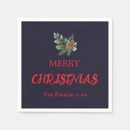 赤い素朴果実と松のコーンを持つ穴 スタンダードカクテルナプキン