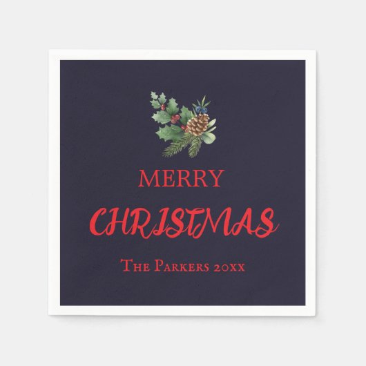 赤い素朴果実と松のコーンを持つ穴 スタンダードカクテルナプキン (正面)