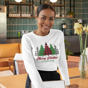 赤い素朴格子戸メリークリスマス長袖 Tシャツ
