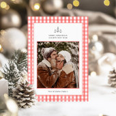 赤い素朴格子模様のカップル写真クリスマス シーズンカード