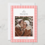 赤い素朴格子模様のカップル写真クリスマス シーズンカード (正面)