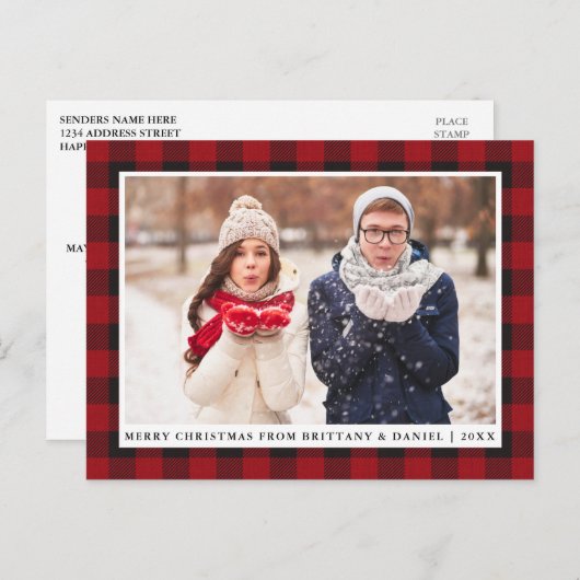 赤い素朴格子模様のカップル写真メリークリスマス ポストカード (正面/裏面)
