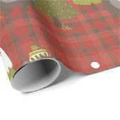 赤い素朴格子模様のクリスマスツリーとベアーギフト ラッピングペーパー (ロールコーナー)