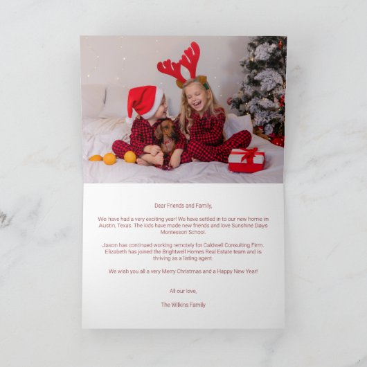 赤い素朴格子模様のクリスマスツリー家族の写真 シーズンカード (内部)