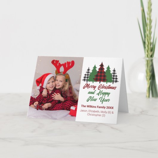 赤い素朴格子模様のクリスマスツリー家族の写真 シーズンカード (正面)