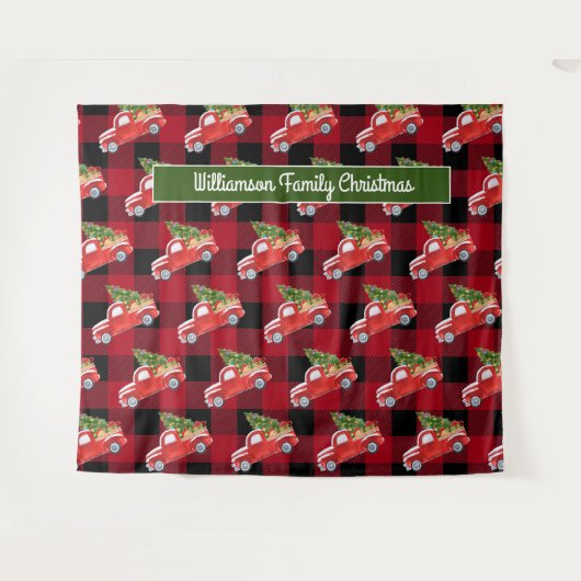 赤い素朴格子模様のクリスマストラックフォトブース タペストリー (正面(横))