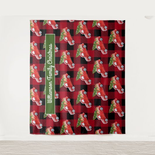 赤い素朴格子模様のクリスマストラックフォトブース タペストリー (正面)