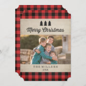 赤い素朴格子模様のクリスマスフォトカード シーズンカード (正面/裏面)