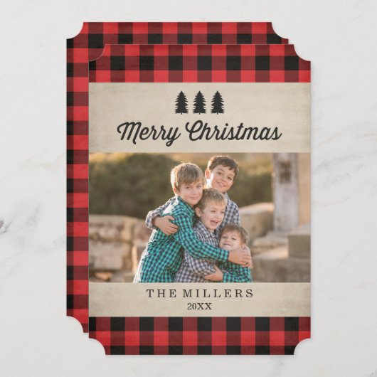 赤い素朴格子模様のクリスマスフォトカード シーズンカード (正面/裏面)