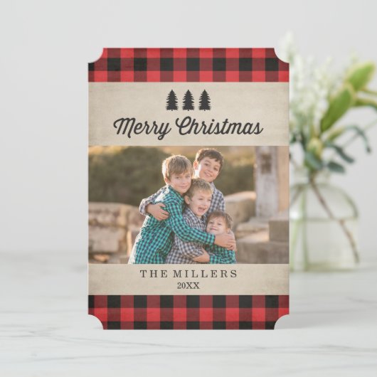 赤い素朴格子模様のクリスマスフォトカード シーズンカード (スタンド正面)
