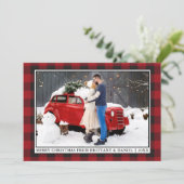 赤い素朴格子模様のクリスマスフレームのカップル写真 シーズンカード (スタンド正面)