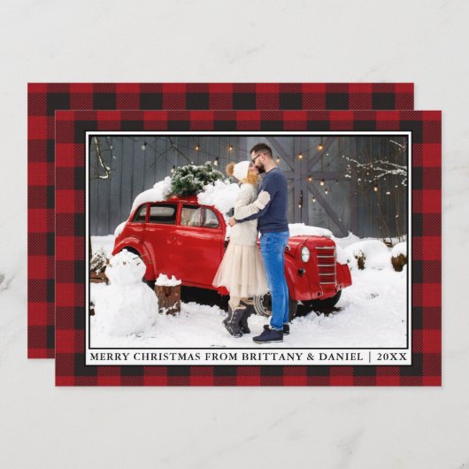 赤い素朴格子模様のクリスマスフレームのカップル写真 シーズンカード (正面/裏面)