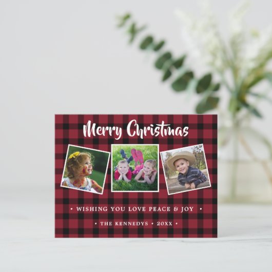 赤い素朴格子模様のクリスマス写真 シーズンポストカード (スタンド正面)