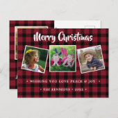 赤い素朴格子模様のクリスマス写真 シーズンポストカード (正面/裏面)