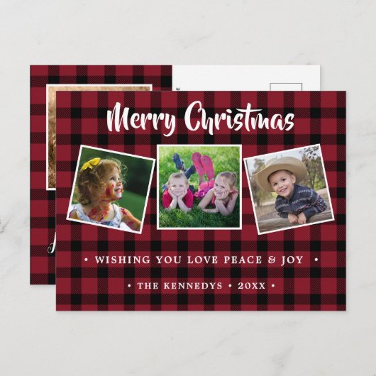赤い素朴格子模様のクリスマス写真 シーズンポストカード (正面/裏面)