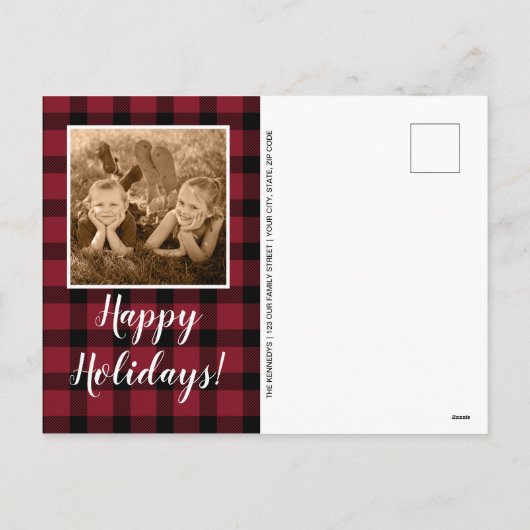 赤い素朴格子模様のクリスマス写真 シーズンポストカード (裏面)