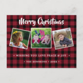 赤い素朴格子模様のクリスマス写真 シーズンポストカード (正面)