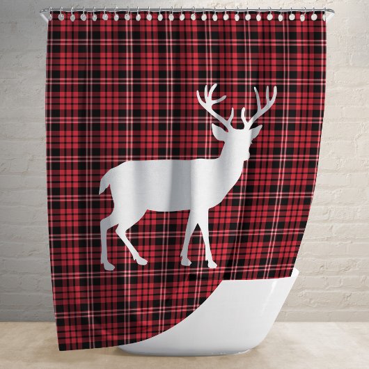 赤い素朴格子模様のクリスマス シャワーカーテン
