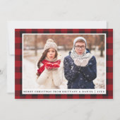 赤い素朴格子模様のメリークリスマスカップルの写真 シーズンカード (正面)